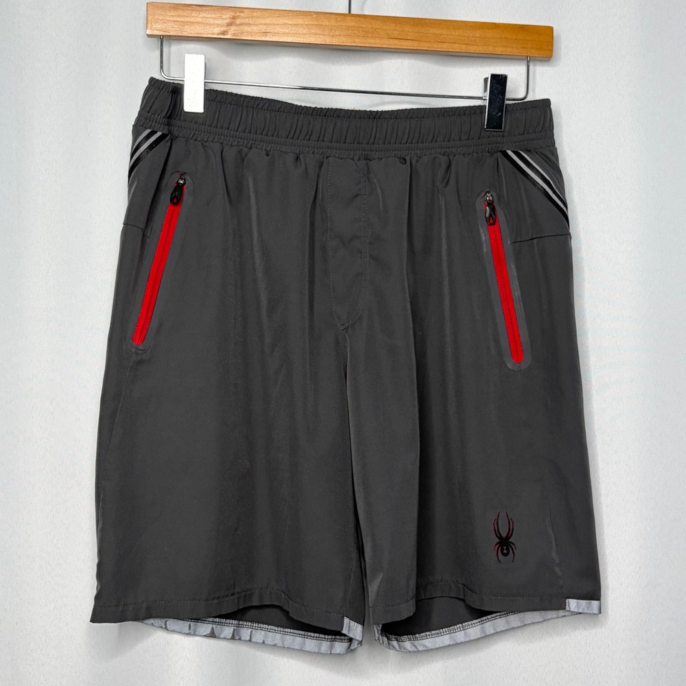 Spyder Active Mens Medium Charcoal Gray Red Zip Pocket Training Athletic Shorts